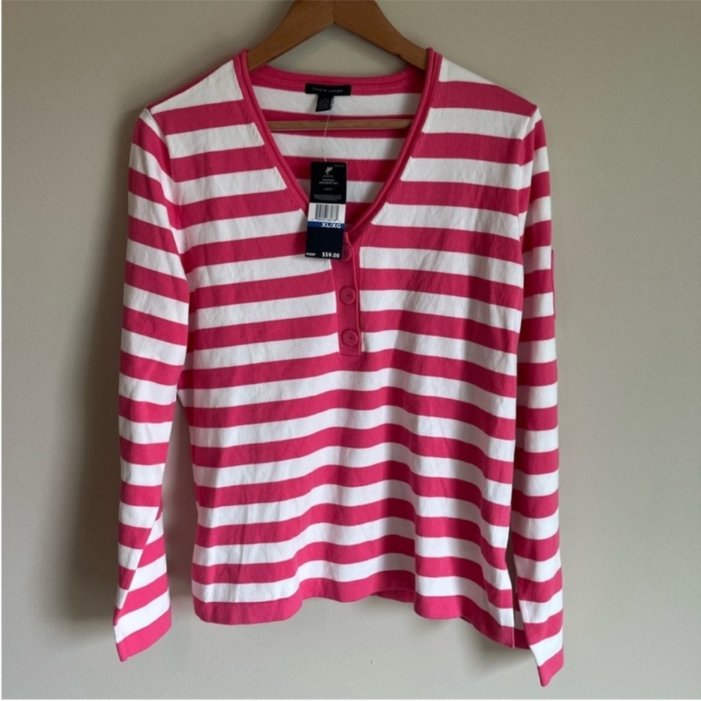 Tommy Hilfiger NWT Pink & White Stripe Button V-neck Sweater Size XL Classic